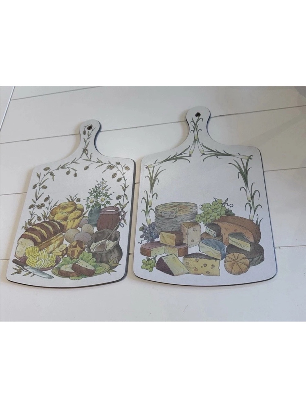 vintage cutting boards pair or wall hanging with a wine and cheese motif